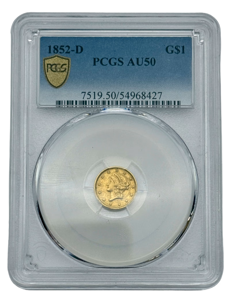 1852-D Gold Dollar $1 PCGS AU50, Dahlonega Mint, obverse and reverse of graded U.S. gold coin.