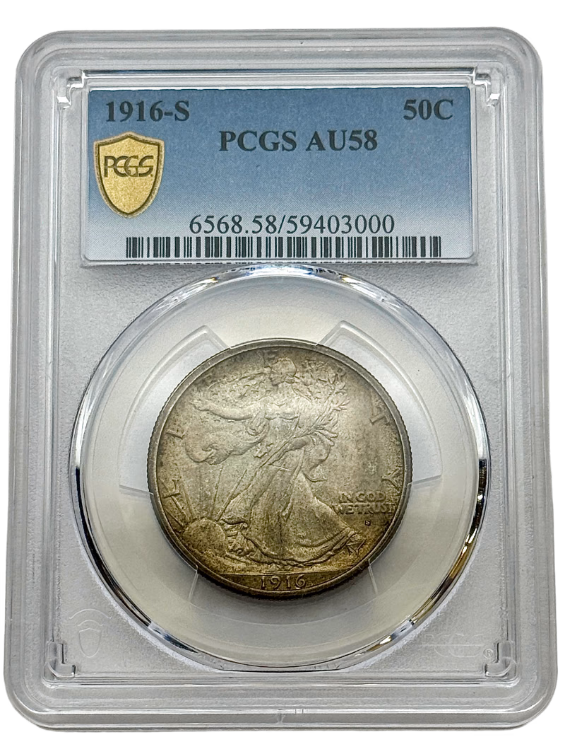 1916-S Walking Liberty Half Dollar 50c PCGS AU58, rare early San Francisco issue with original surfaces.