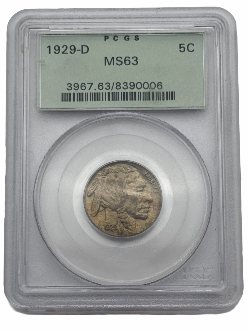 1929-D Buffalo Nickel 5C PCGS MS63, Denver Mint, housed in an original green-label PCGS holder.