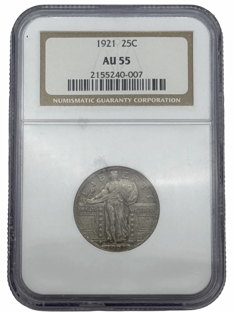 1921 Standing Liberty Quarter 25c NGC AU55, key-date U.S. silver coin with original surfaces.