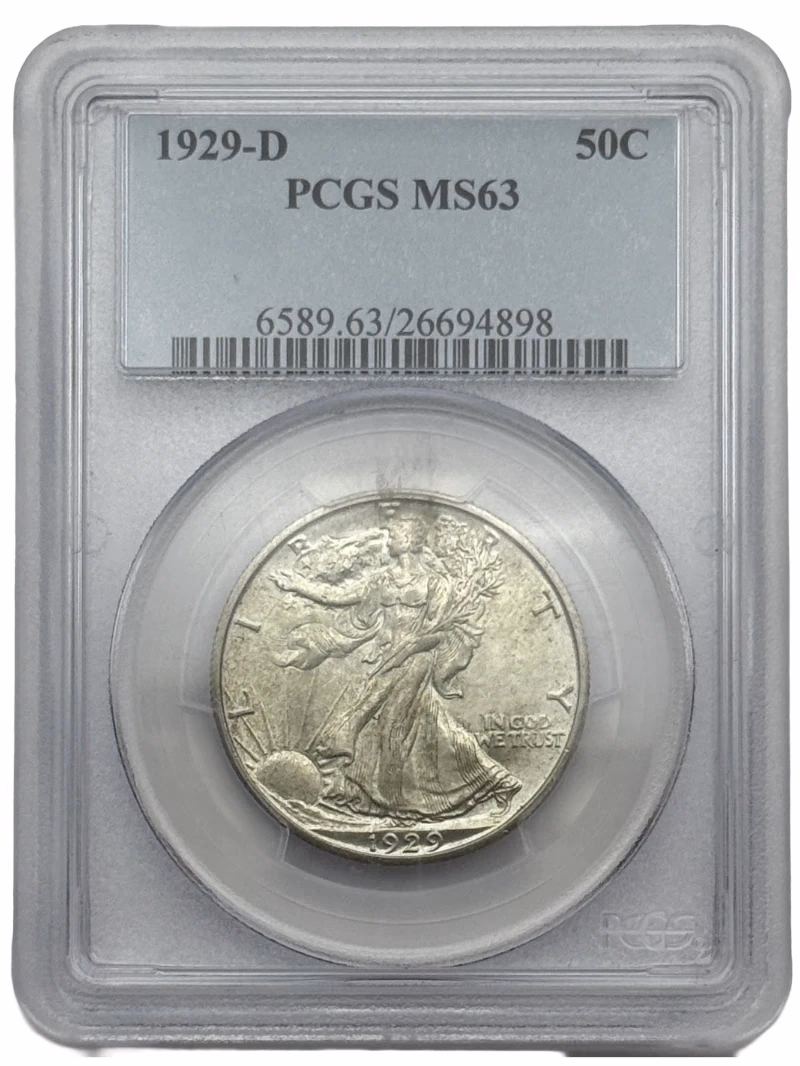 1929-D Walking Liberty Half Dollar 50c PCGS MS63, scarce Denver Mint silver coin in Mint State.