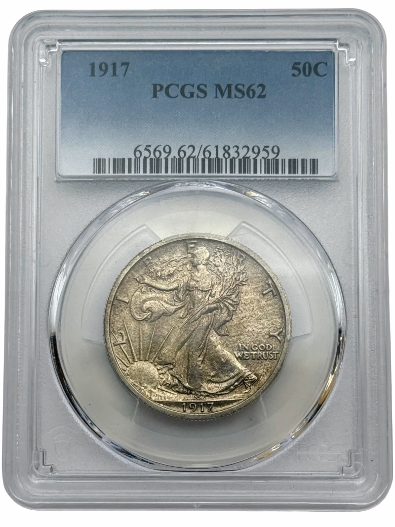 1917 Walking Liberty Half Dollar 50c PCGS MS62, early U.S. silver coin with original look.