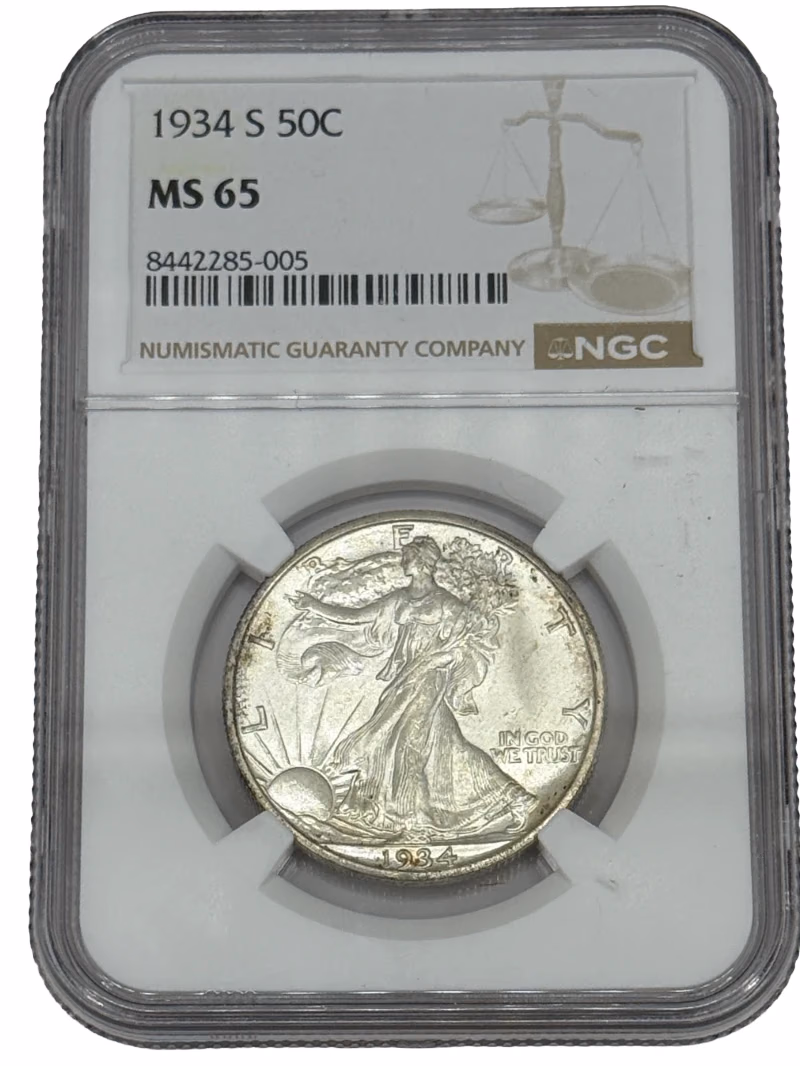 1934-S Walking Liberty Half Dollar 50c NGC MS65, San Francisco Mint silver coin with strong detail and clean surfaces.