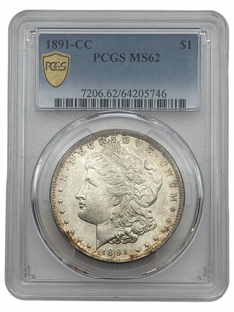 1891-CC Morgan Silver Dollar $1 PCGS MS62, Carson City Mint, with nice luster and TrueView photography.