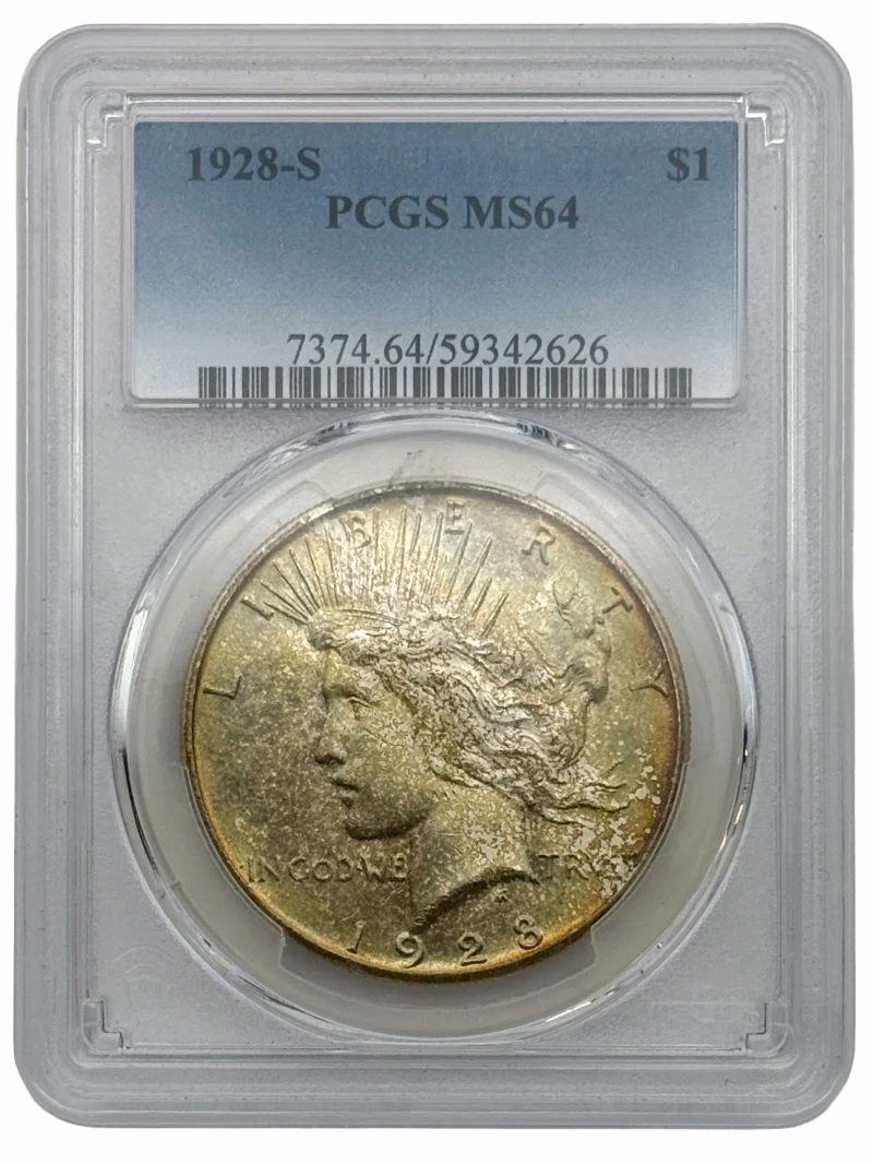 1928-S Peace Dollar $1 PCGS MS64, San Francisco Mint silver coin with vibrant rainbow toning
