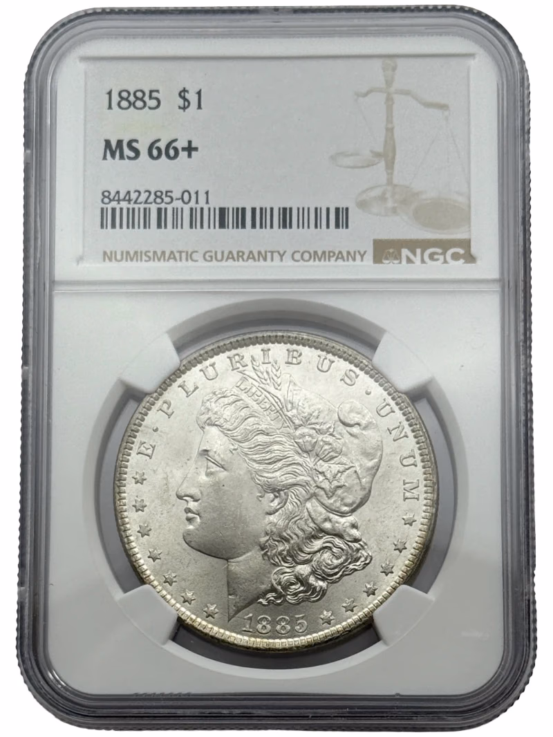 1885 Morgan Silver Dollar $1 NGC MS66+, premium Gem BU collector coin with exceptional luster.