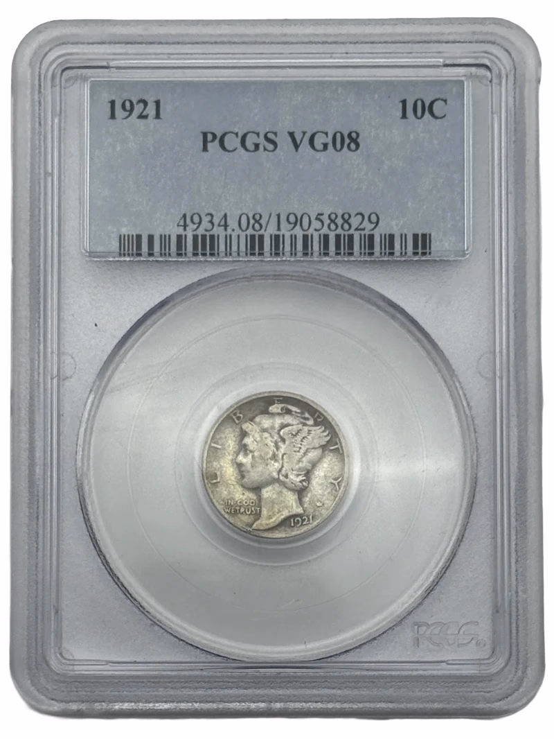 1921 Mercury Dime 10C PCGS VG08, key-date U.S. silver dime with original surfaces.