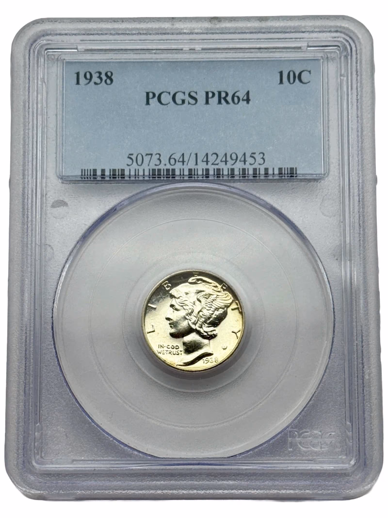 1938 Mercury Dime 10C PCGS PR64, proof silver coin with reflective surfaces.