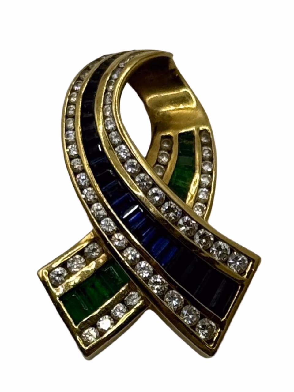 Charles Krypell, 18K Gold Diamond Emerald Sapphire Ribbon Pendant. Estate. primary image