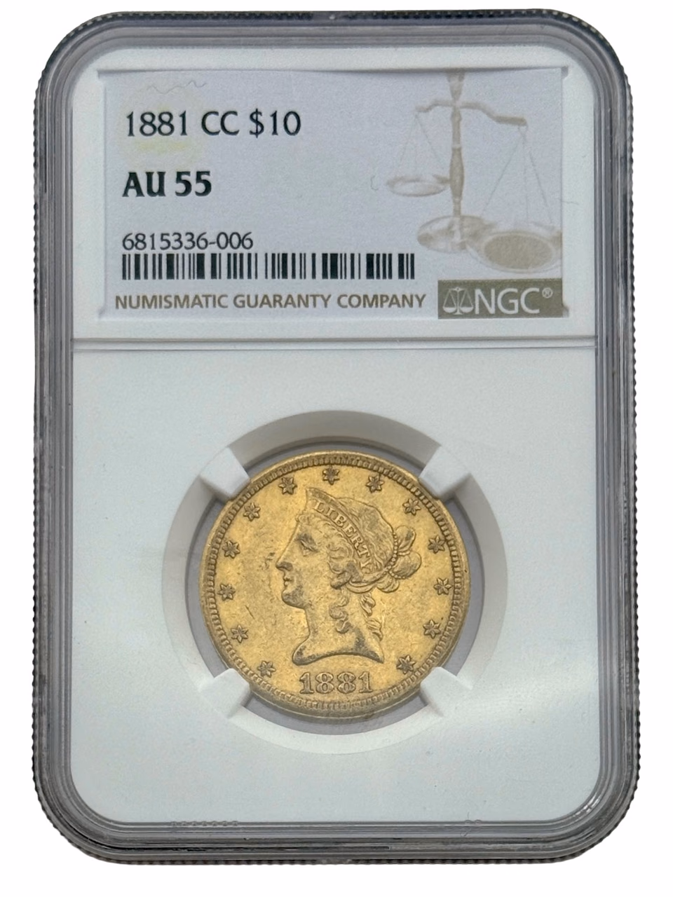 1881-CC $10 Gold Eagle, NGC AU55, Rare Carson City Gold Issue. primary image