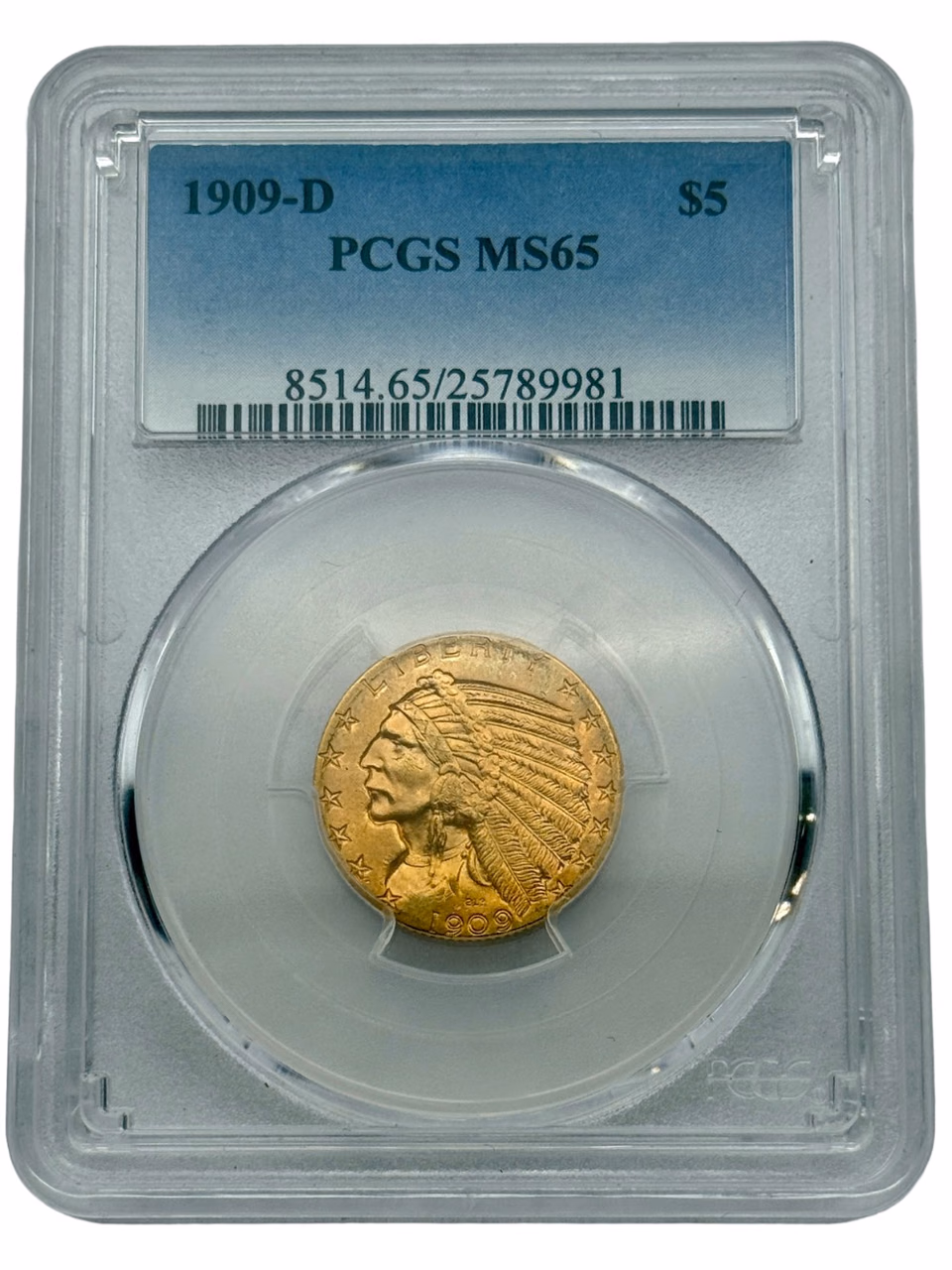1909-D $5 Gold Indian Half Eagle, PCGS MS65, Scarce Issue Coin. primary image