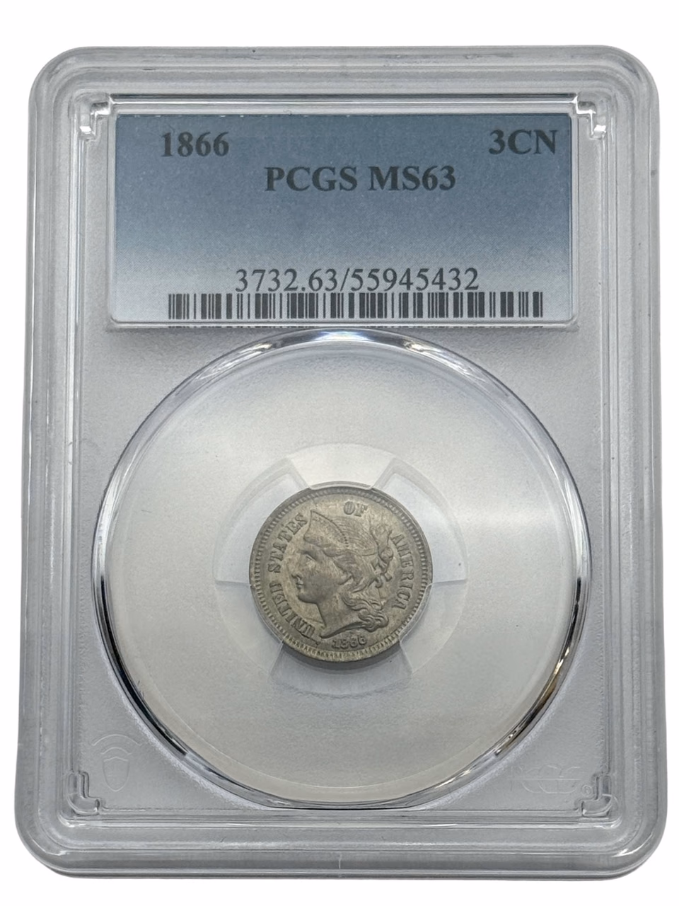 1866 3CN Three Cent Nickel, MS63 PCGS, Certified Coin. primary image