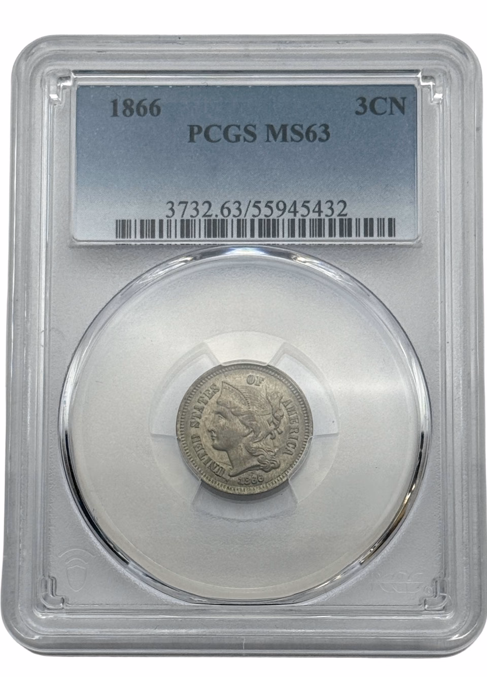 1866 3CN Three Cent Nickel, MS63 PCGS, Certified Coin. primary image