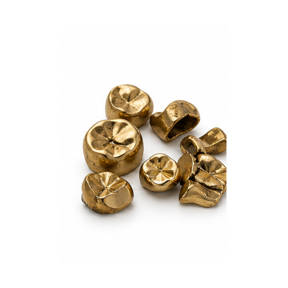 Dental gold pieces on a white surface