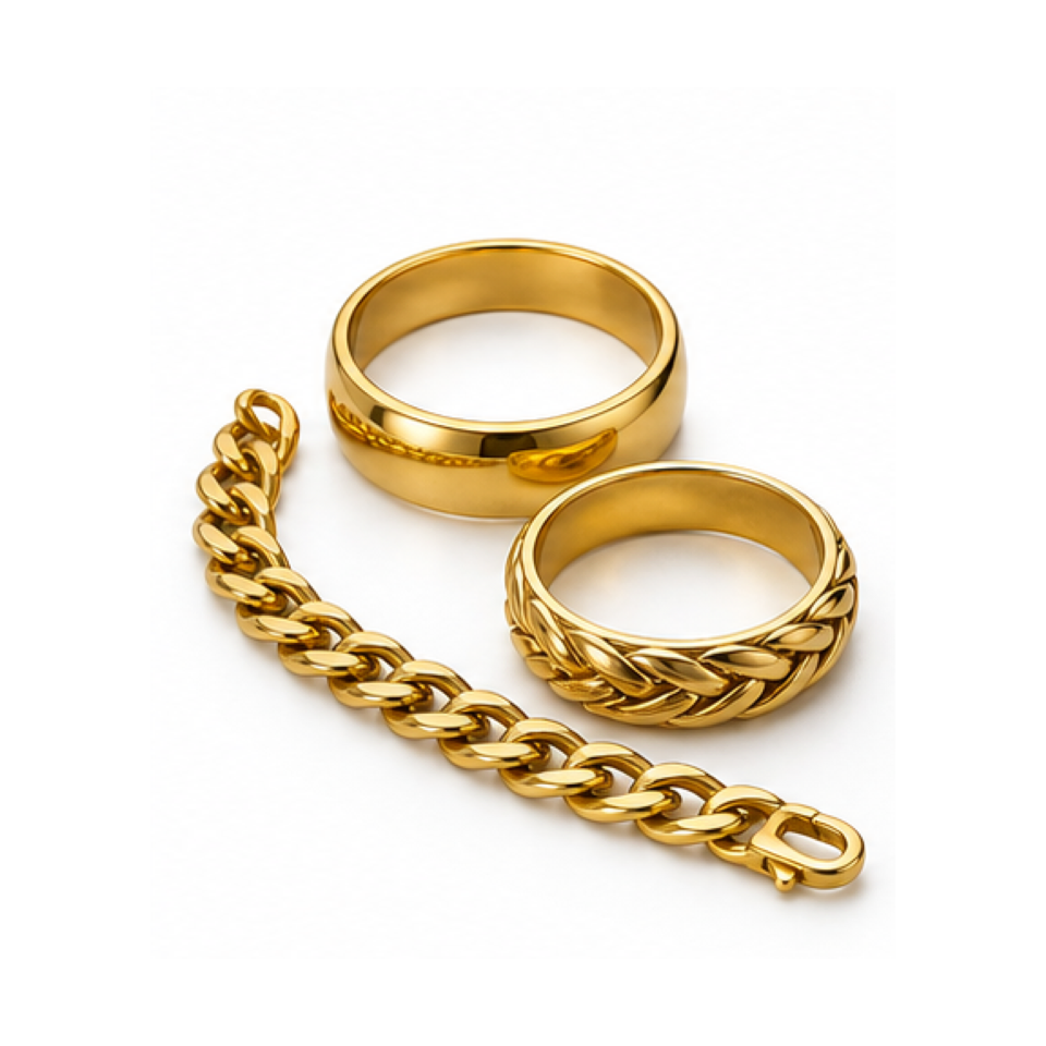 Gold necklaces, rings, and bracelets arranged for review