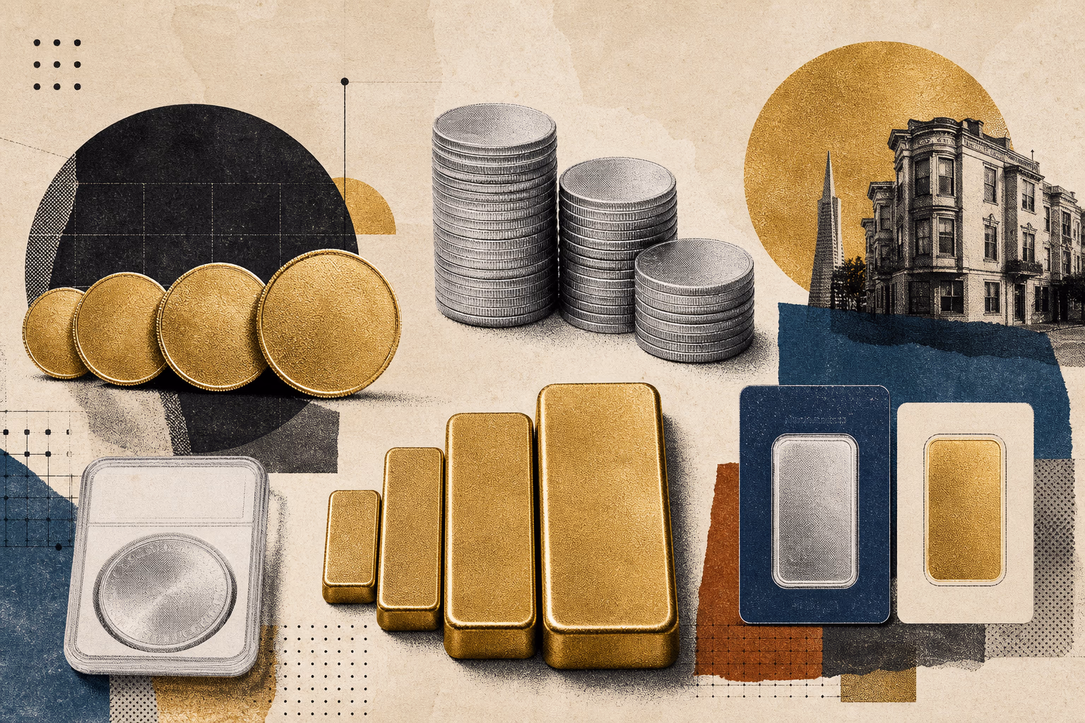 Editorial collage of gold and silver bullion coins, bars, and assay-card shapes