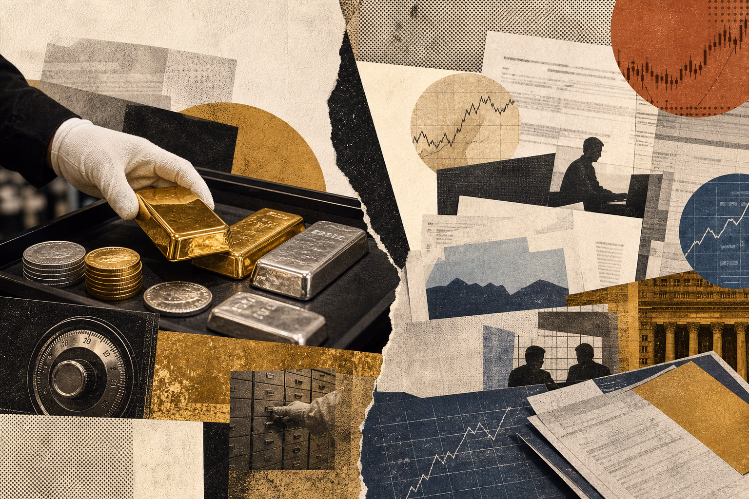 Editorial collage comparing physical bullion with paper investment documents and market charts