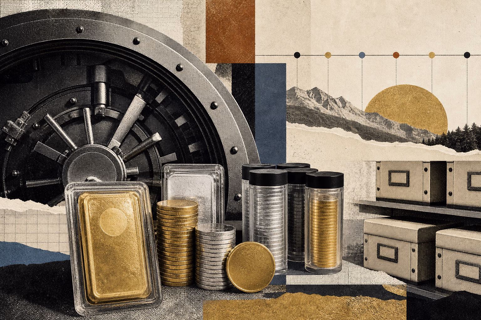 Editorial collage of vault storage, gold and silver bullion, and long-term security cues