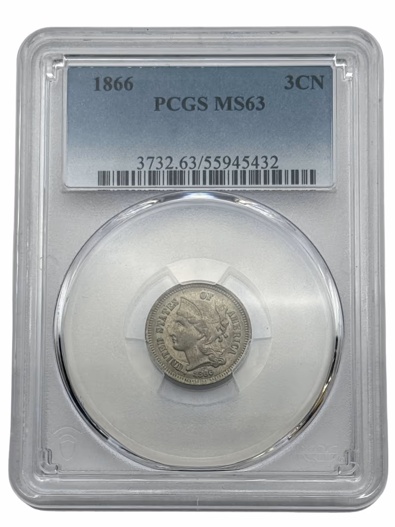 1866 3CN Three Cent Nickel, MS63 PCGS, Certified Coin. primary image