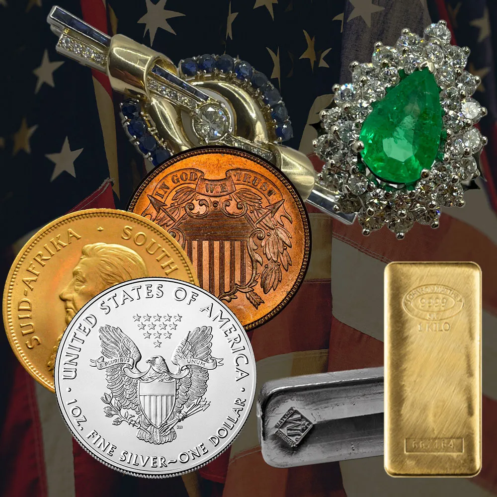 Rare coins and jewelry displayed together